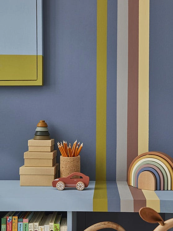 Kinderkamer Little Greene lavendelblauw met strepen